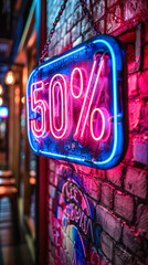 Vibrant neon sign glowing with 50% discount offer on a textured dark wall, symbolizing sales promotion, price reduction, and marketing in retail and shopping