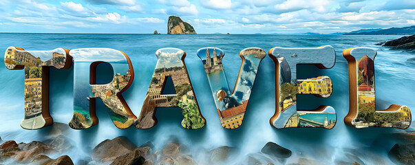 Collage of travel themed photographs forming the word TRAVEL, depicting diverse global destinations and adventures, symbolizing wanderlust and exploration