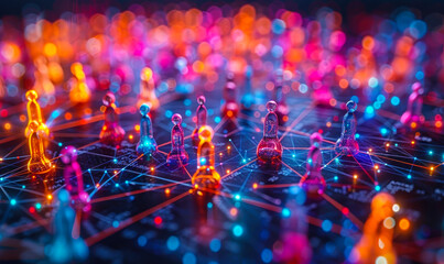 Colorful figurines connected by lines on a network grid illustrating concepts of social networking, community, connectivity, and teamwork in a digital era
