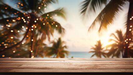 Wooden table with blurred bokeh light seascape and palm leaves at tropical beach background. With Generative AI