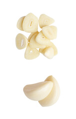 Top view set of garlic slices and peeled garlic cloves isolated with clipping path in png file format