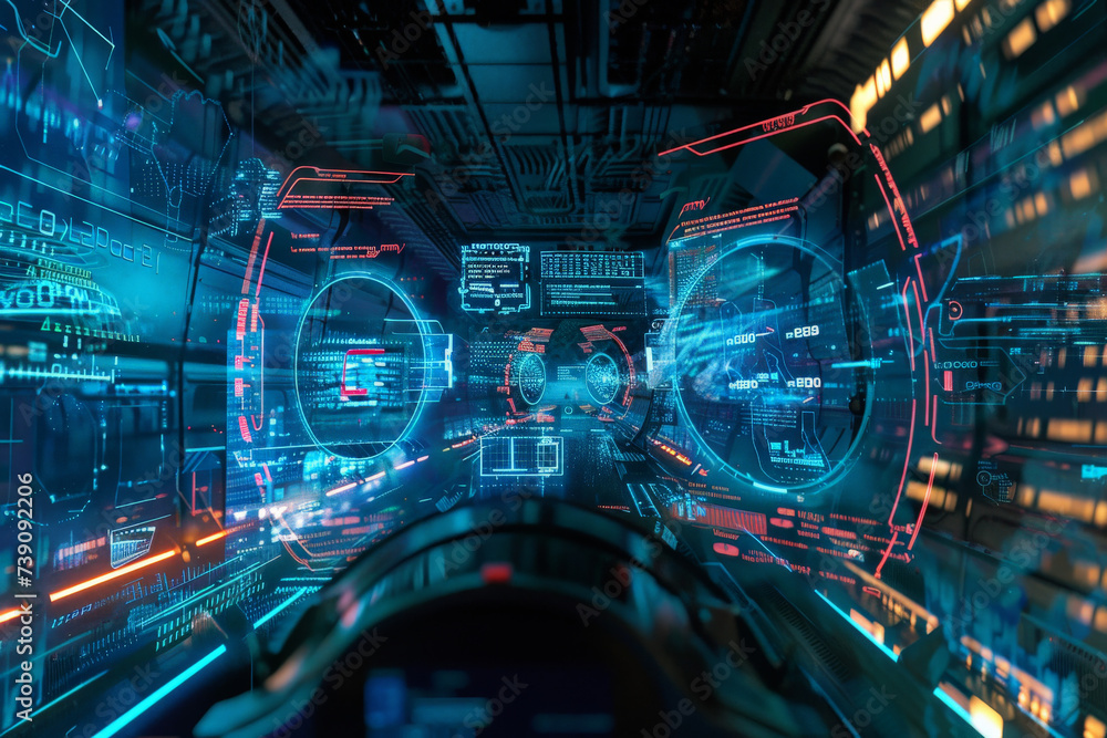 Poster a futuristic view of a space ship with a display that says ' altitude ' on it