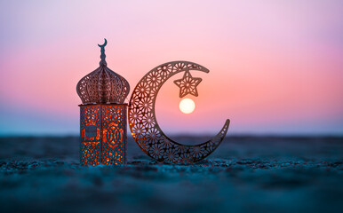 Ramadan Kareem photography, Lantern with crescent moon shape on the beach with sunset sky, 2024 Eid Mubarak  greeting background