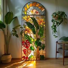 Floral Glow: Cozy Living Room Photograph with Flower Stained Glass Patterns