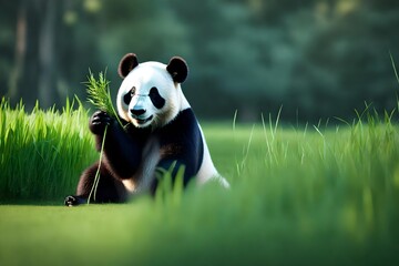 white and black Panda eating grass