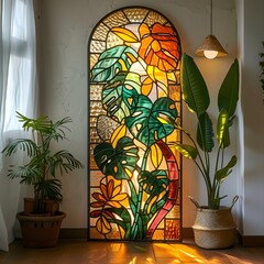 Nature's Canvas: Stained Glass Pattern of a Plant on a Large Window, Showcasing Intricate Botanical Art and Vibrant Colors