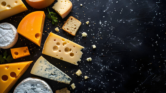 various cheese types to form whimsical constellations against a dark space backdrop, background for designer's work with space for text cheese