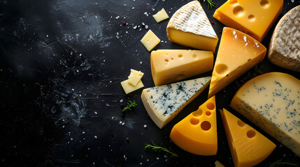 various cheese types to form whimsical constellations against a dark space backdrop, background for designer's work with space for text cheese - obrazy, fototapety, plakaty
