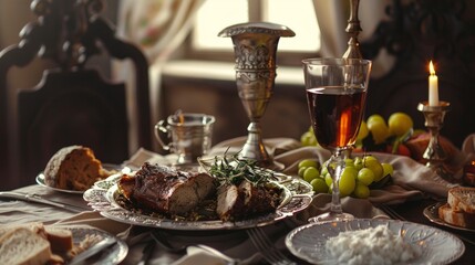 Fototapeta na wymiar Delicious Jewish food on the table, celebrating Passover. Religious food of Judaism.