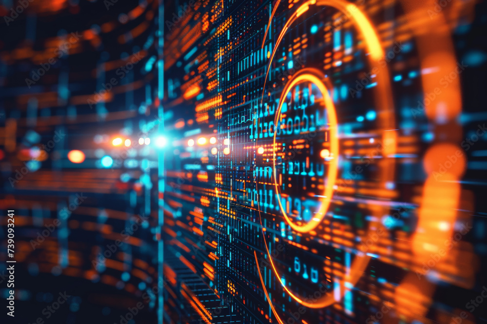 Poster a computer screen with a circle that says ' binary ' on it