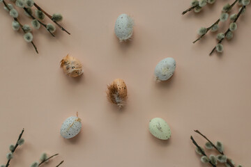 flat lay photo of fluffy willow branches and Easter eggs in pastel shades on a beige background. an Easter card. free space for text.