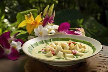 Thai green curry in a tropical garden with exotic orchids.