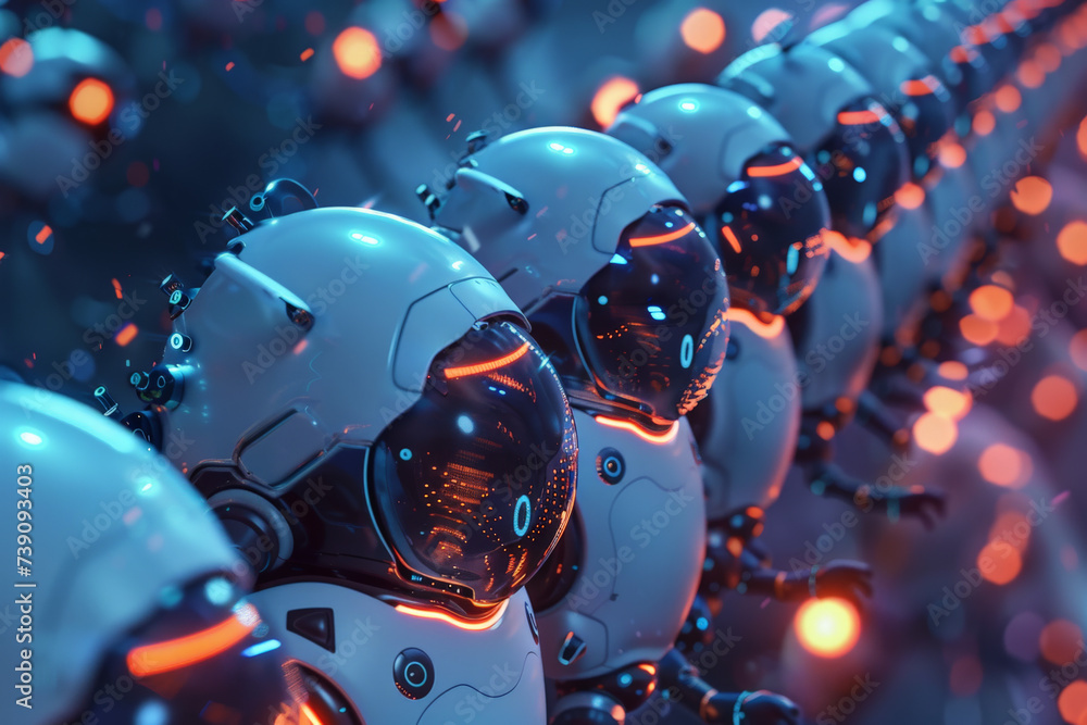 Poster a row of robots with numbers 0 on their faces