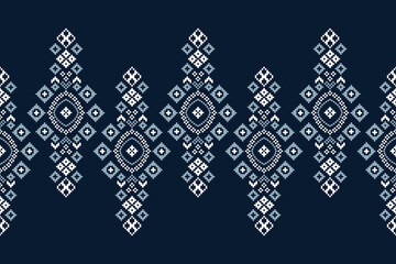 Traditional ethnic motifs ikat geometric fabric pattern cross stitch.Ikat embroidery Ethnic oriental Pixel navy blue background. Abstract,vector,illustration. Texture,scarf,decoration,wallpaper. - obrazy, fototapety, plakaty