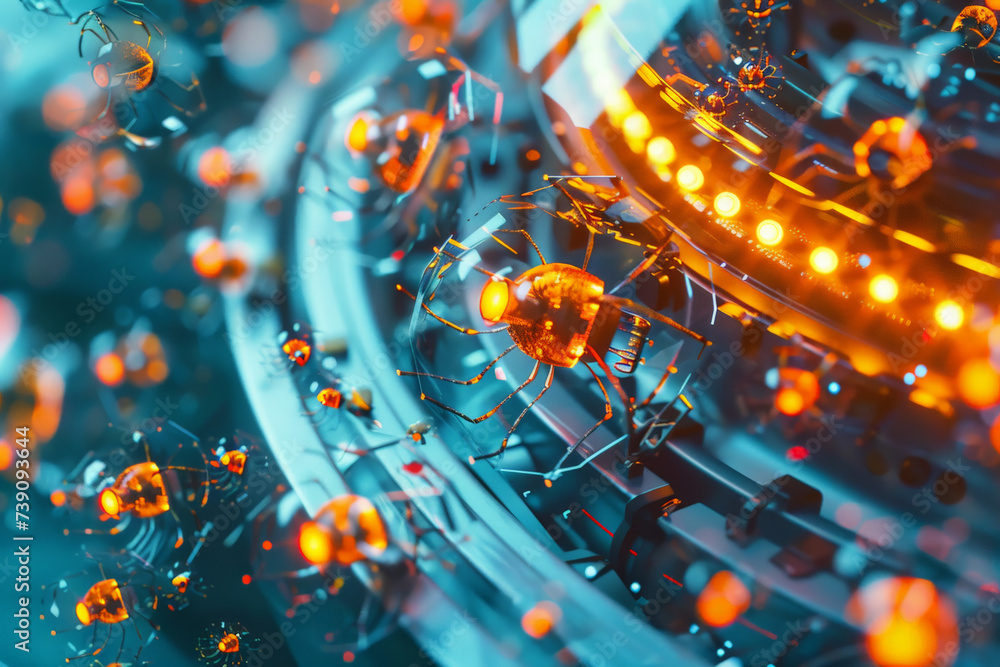 Poster a computer generated image of a spider surrounded by orange lights