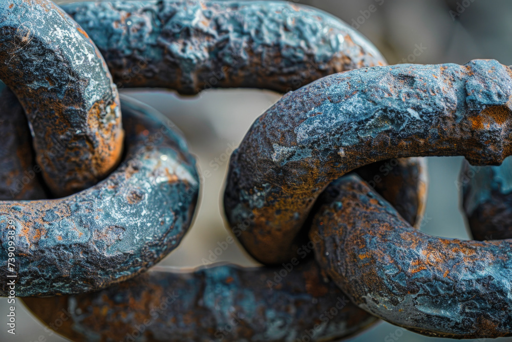 Poster a close up of a rusty chain with a blue background