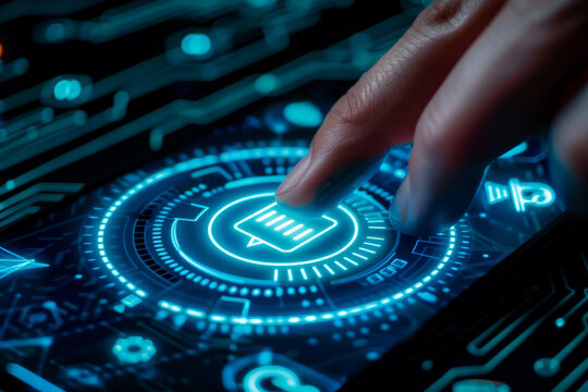 A person 's finger is pressing a button with a speech bubble on it - Powered by Adobe