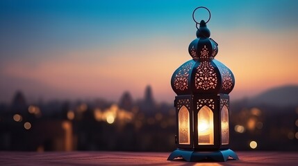 A lit up ramadan lamp against serene and beautiful evening sky. Ramadan background