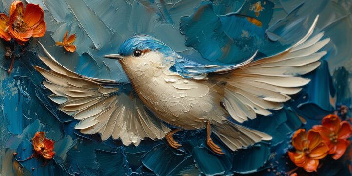 Little beautiful bird with hand draw and paint color background illustration