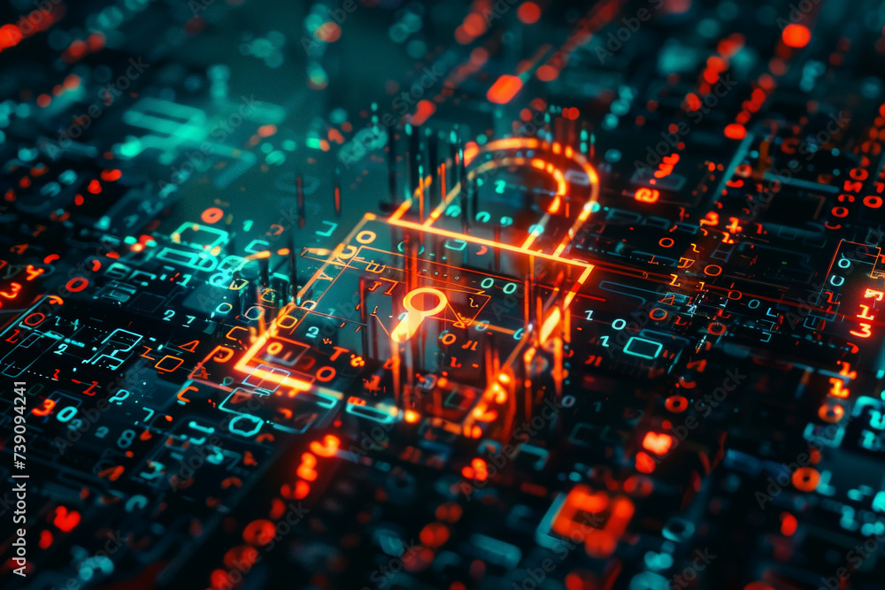 Poster a padlock with a key in the middle of a circuit board