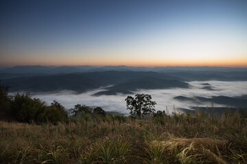Fototapeta na wymiar mountain with foggy on ground at morning time