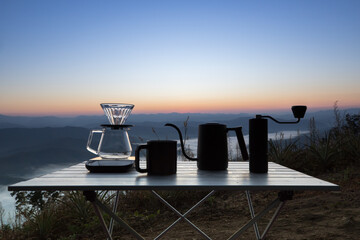 dipping coffee set on mountain background