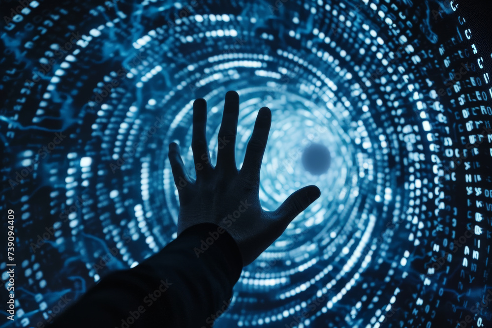 Poster a person 's hand is reaching out into a tunnel of binary code