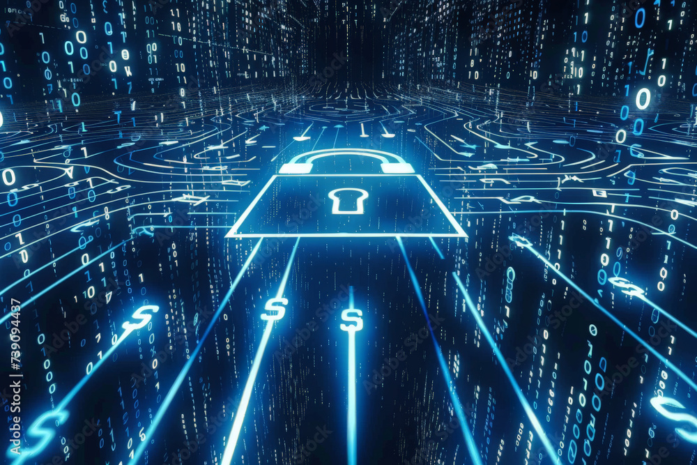 Poster a padlock is surrounded by binary code and a dollar sign