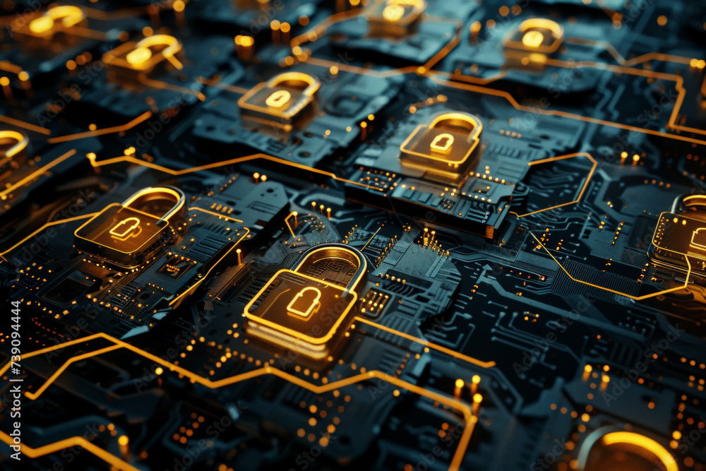 Poster a circuit board with a padlock with the letter d on it