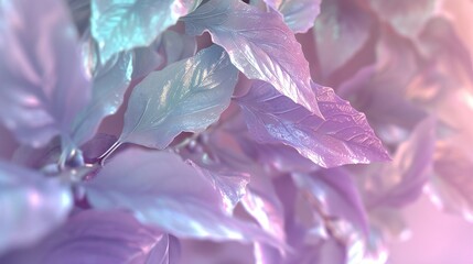 Tranquil Harmony: Detailed close-up of sycamore and birch leaves in tranquil lavender and soft...