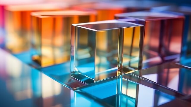 Abstract background with closeup shot of glossy crystal block with multicolored gradient reflection on blurred mirror surface