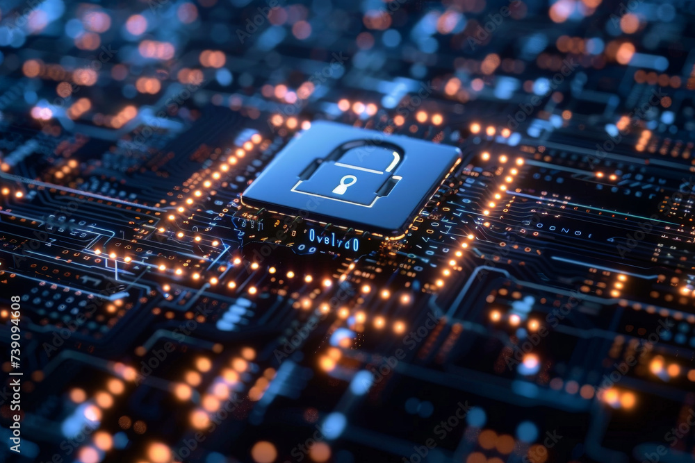 Poster a computer chip with a padlock on it