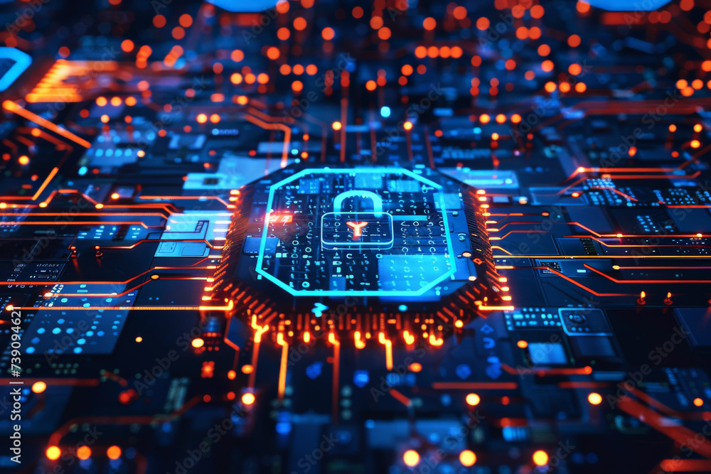 Poster a computer circuit board with a padlock on it
