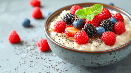 Healthy Oatmeal Bowl with Fresh Berries and Chia.