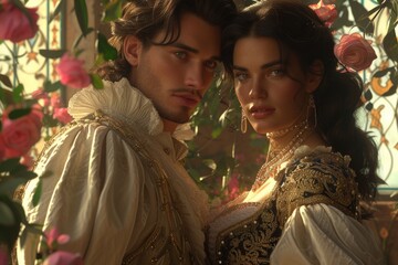Capturing passion in the renaissance, victorian, and baroque era: a timeless love story portrayed by a couple in vintage attire, embracing the elegance, romance, and nostalgia of historical periods.