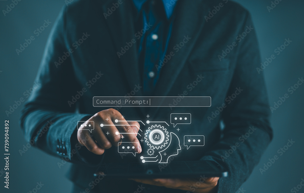 Leinwandbilder Ai tech, businessman show virtual graphic Global Internet connect Chatbot Chat with AI, Artificial Intelligence. Using command prompt for generates something, Futuristic technology transformation.