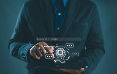 Ai tech, businessman show virtual graphic Global Internet connect Chatbot Chat with AI, Artificial...