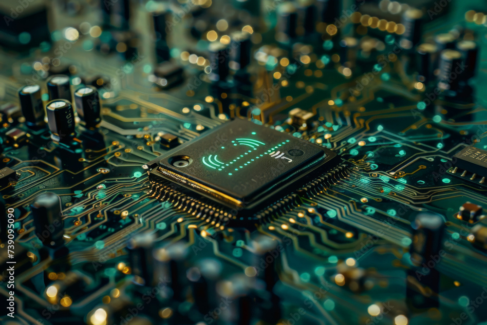 Poster a close up of a circuit board with a chip that says ' nfc ' on it