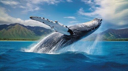 A stunning poster depicting a humpback whale in its natural environment. Huge jump of a humpback whale. Generative AI - obrazy, fototapety, plakaty