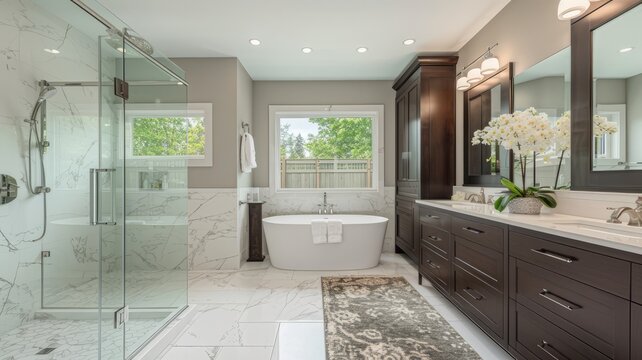 dark brown cabinets, white marble, a waik-in shower, a free standing tub, two mirrors, and flowers decorate this luxurious modern home bathroom.