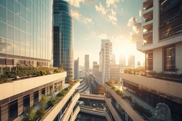 Modern cityscape with eco-friendly architecture, urban planning.