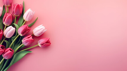 Tulip Bouquet on Pink Background with Copy Space, Flat Lay Style Greeting for Women's Day, Mother's Day, or Spring Sale Banner