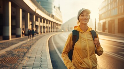 Smiling woman in yellow jacket enjoying sunny city walk