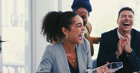 Business people, laughing and applause for award, winning or congratulations in teamwork at office. Excited group of employees clapping with smile in bonus, success or promotion together at workplace