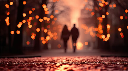 Silhouette Couple Walking on Autumn Road, Valentine's Day Concept with Fall Leaf Blur Bokeh Background