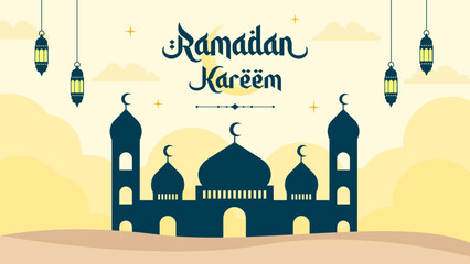 Obraz premium Islamic greetings Ramadan Kareem. Beautiful template poster background design with mosque and lanterns. Ramadan vector illustrations