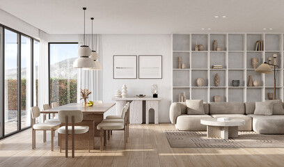 Interior of bright living room with windows and modern furniture. White walls and hardwood flooring, 3D rendering	