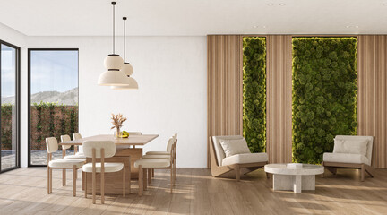 Reindeer moss wall in modern living room interior. Vertical landscaping of walls, 3d rendering