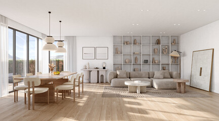 Interior of bright living room with windows and modern furniture. White walls and hardwood flooring, 3D rendering	