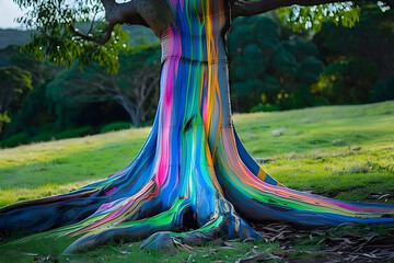 The rainbow eucalyptus tree standing in the garden forest, colorful bark seams like painting
